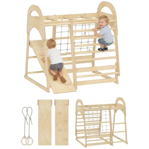 AIYAPLAY 6-in-1 Montessori Klettergerüst Indoor Holz Indoor Spielplatz mit Rutsche, Kletterstangen, Turnringen, Leiter, Kletternetz, Kletterturm Indoor für Kinder von 3-6 Jahre, Naturholz