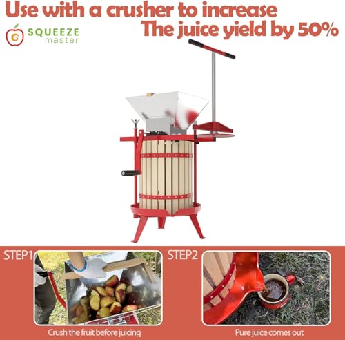 SQUEEZE master Fruit Wine Cider Press - Solid Wood Basket- 4.75 Gallon/18L-T Handle Bar-More Stable-Vintage traditional juicer,Apple Grape Fruit press for Juice Maker-1 free filter bag included(Red)