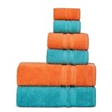 COTTON FINE Premium 6 Piece Towel Set, 2 Bath Towel, 2 Hand Towels, 2 Washcloths, 100% Turkish Cotton Soft Absorbent Towels (Malibu Peach/Turquoise, 6 Piece Towel Set)