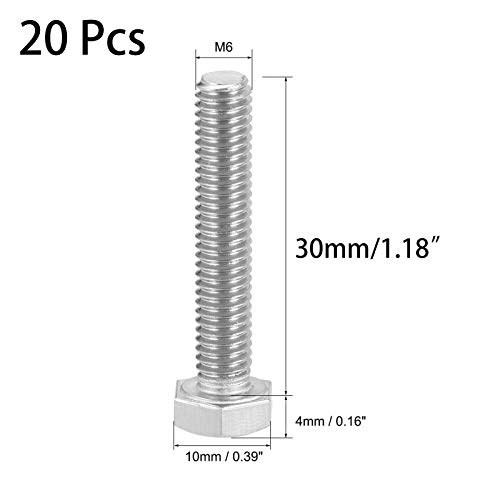 Image of 20 Pcs M6 Hex Bolt M6-1 x 30mm UNC Hex Head Screw Bolts A2-70(304) Stainless Steel Fully Threaded Hex Tap Bolts,Fully Threaded (M6 x 30mm)