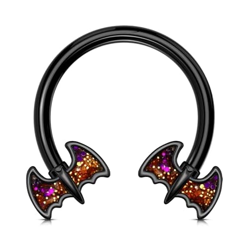 OUFER 16G Halloween Septum Ring with Bat Ends | Black Horseshoe for Nose, Daith, Rook Piercings | Gothic Glitter Circular Barbell | Surgical Steel