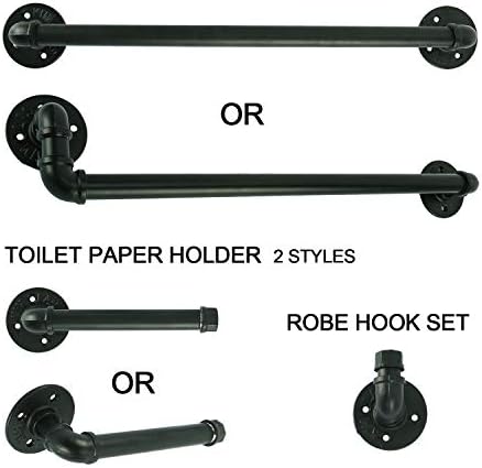 DasMorine 3 Piece Industrial Pipe Bathroom Hardware Fixture Set includes Robe Hook, 46cm Towel Bar and Toilet Paper Holder , Heavy Duty DIY Style Modern Chic Electroplated Black Finish