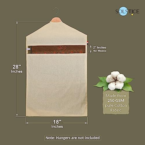 SOLSTICE Hanging Cotton Saree Covers, Bags for Clothes Storage, Wardrobe Organizer (Hangers are NOT Included) (28 x 18 Inches, off white)