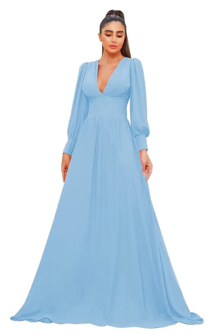 Sayno Women's Light Blue Long Sleeve Deep V Neck Evening Prom Dress Chiffon Formal Dresses For Party Ball Gown Uk10