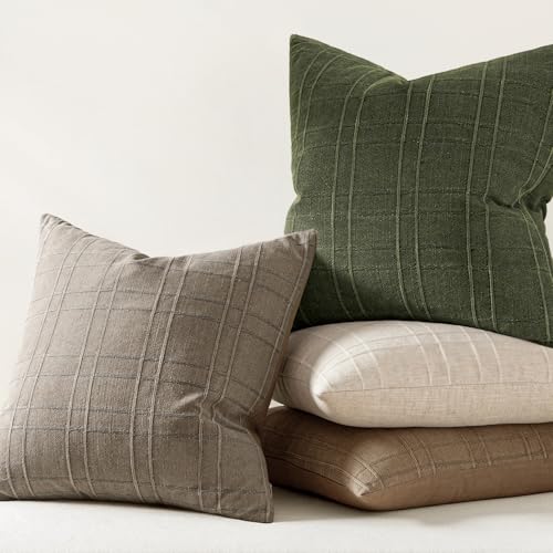 Image of MIULEE Decorative Linen Check Throw Pillow Covers Neutral Farmhouse Vintage Spring Pillow Covers 18x18 Set of 2 Boho Modern Home Decor for Sofa Couch Bedroom Cushion Dark Olive Green