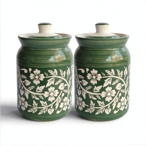 Image of Green Floral Ceramic Handglazed Pickle Jars Set of 2-1000 ML Each | 1 kg Achaar Martban Barni Jar with Lid | Ceramic Storage Jar Container Pickle, Chatney
