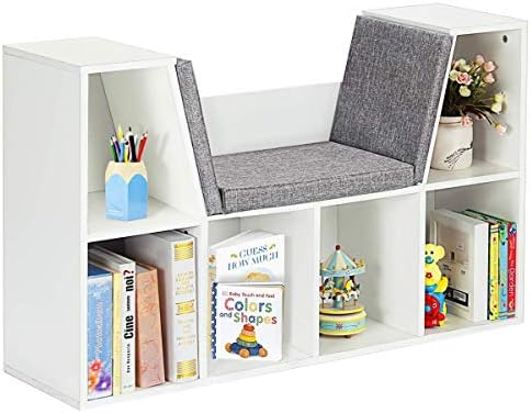 Costzon 6-Cubby Kids Bookcase w/Cushioned Reading Nook, Multi Purpose Storage Organizer Cabinet Shelf with Soft Cushion and Thick Wood Board for Children Girls & Boys Bedroom Decor Room (Modern White)
