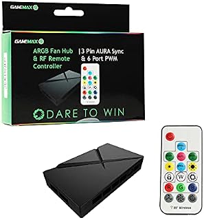 GameMax ARGB PWM Fan Hub, Powering Up To 6 Fans (3 Or 4 Pin), 3 Pin Motherboard Header, RF Remote Controller Included (System Fan, Radiators & CPU Fan) | Black