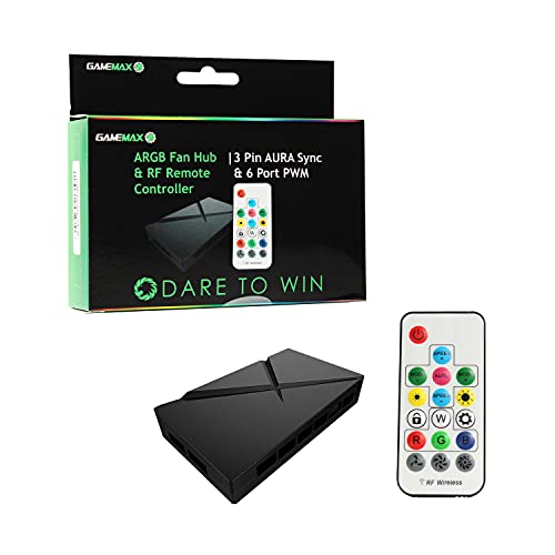 GameMax ARGB PWM Fan Hub, Powering Up to 6 Fans (3 Or 4 Pin), 3 Pin Motherboard Header, RF Remote Controller Included (System Fan, Radiators & CPU Fan) Black GameMax ARGB PWM Fan Hub, Powering Up to 6 Fans (3 Or 4 Pin), 3 Pin Motherboard Header, RF Remote Controller Included (System Fan, Radiators & CPU Fan) Black