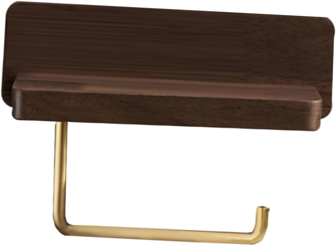 Solid Wood Toilet Paper Holder with Brass Bathroom Dispenser No-Punch Wall Mount Tissue Rack for Kitchen and Restroom Compact Design with Mobile Phone and Candle Shelf Matte Finish