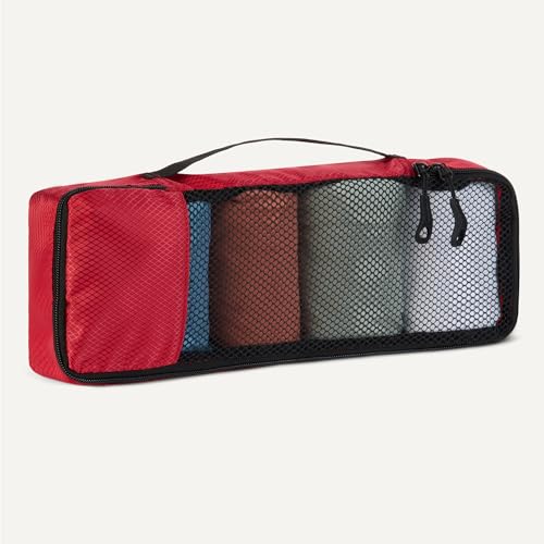 Image of Amazon Essentials 4-Piece Space-Saving Packing Cubes Travel Accessories Set, Luggage Organizer with Double Zipper, Mesh Top, Polyester, Slim, Red (Previously Amazon Basics)