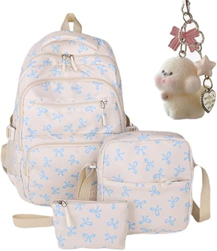 Bow Backpack For Girls, Nylon With Pattern, With Built-in Organizer With Crossbody Bag And Wallet (D)