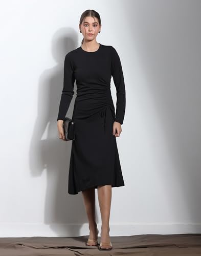 Image of Selvia Women's Black Ribbed Lycra Ruched Side Long Sleeve Dress