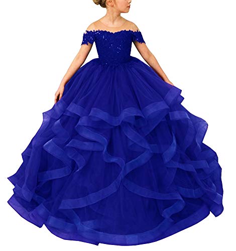 Honeydress Girl's Lace Applique Sequins Flower Girl Dresses Tiered Skirts Tulle Pageant Gowns Party Dresses Royal Blue