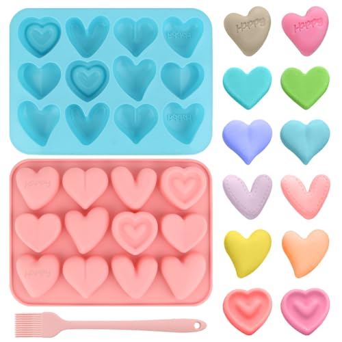 Lot de 2 moules à glaçons en forme de cœur, en silicone, avec une brosse, 12 compartiments, facile à démouler, en forme de cœur, convient pour la cuisson, le chocolat, etc.