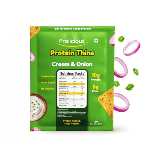 Image of Prolicious Healthy Protein Thin Chips| 10g Protein & 5g Fibre Per Pack Per Pack Per Pack |Vegan Snack|Gluten Free|No Maida |No Palm Oil| 50g| Cream & Onion
