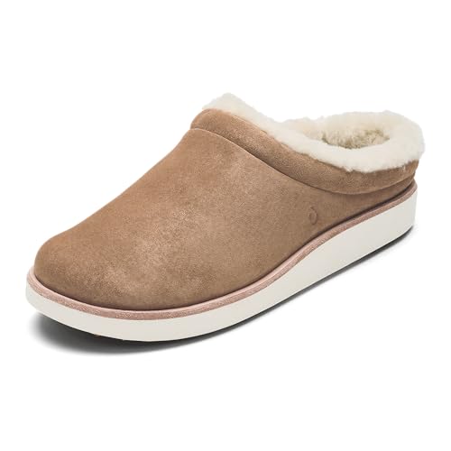 OLUKAI Mani Women's Leather Mule Slippers, Soft & Comfortable Slippers with Fleece Lining, Thick Rubber Outsole, All-Day Wear