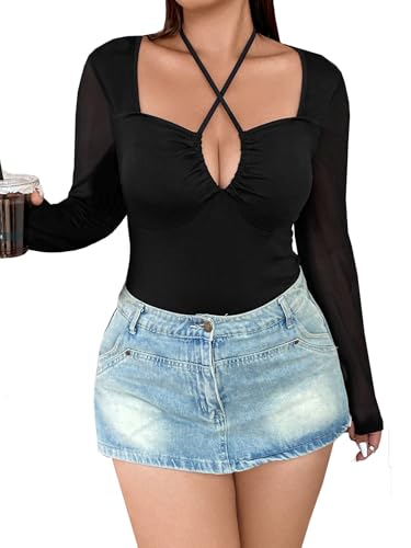 SHENHE Women's Plus Size Halter Tops Criss Cross Mesh Sleeves Sexy Going Out Tops Club Outfits4