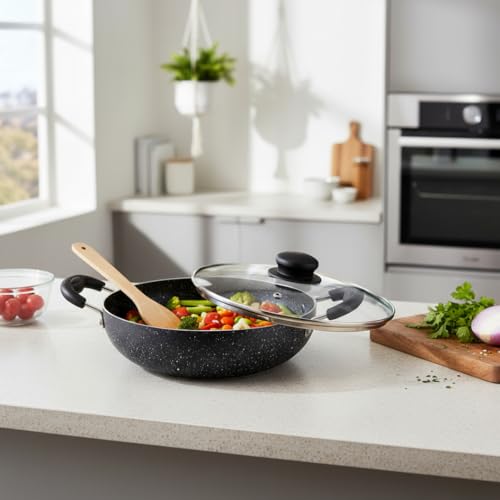 Amazon Solimo Non-Stick Kadai with Glass Lid | Granite Finish | Induction Base | PFOA Free | High Temperature Resistant Exterior Coating | 22 cm |... - Image 7