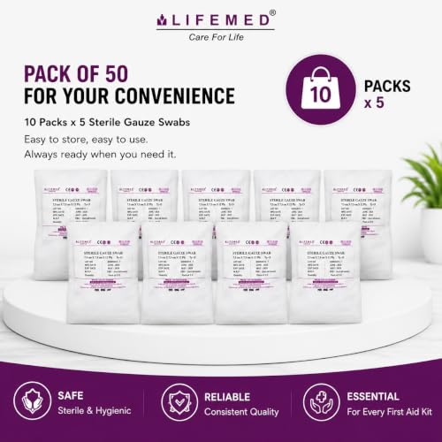 Image of LifeMed Sterile Absorbent Gauze Swabs 7.5 x 7.5 cm, 12 Ply, 50 Dressings (10 Packs x 5)