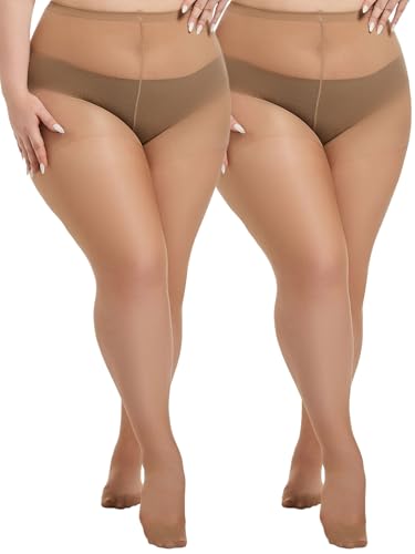 Image of Plus Size Sheer Tights for Women 20D Control Top Pantyhose Soft Stockings with Reinforced Toes 2 Pairs