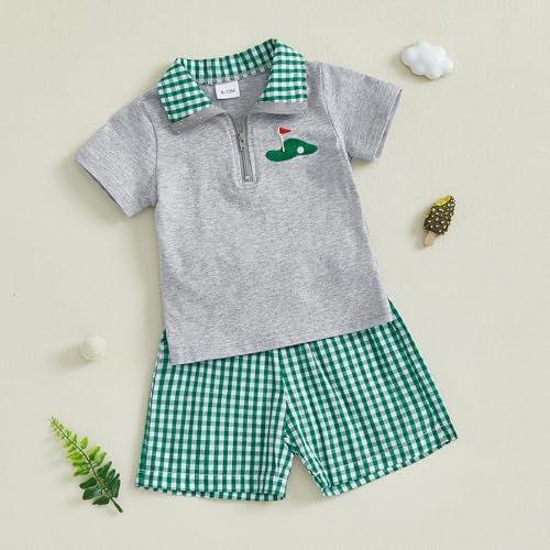 Gueuusu Toddler Baby Boy Golf Outfit Hole in One/Golf Cart Embroidery Quarter Zip Collared Shirt Plaid Shorts Set Clothes3