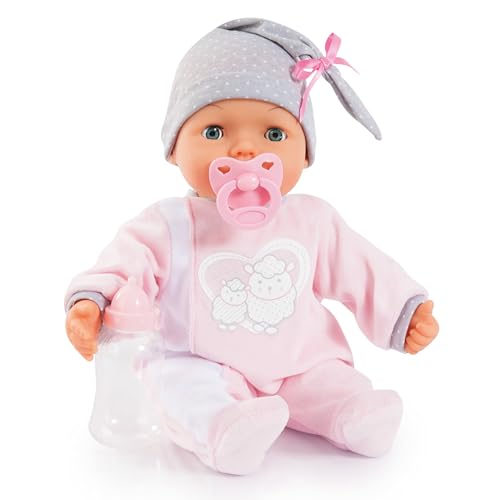 Bayer Design 93829AA My Piccolina Interactive Puppe mit Funktion, sprechend, Babypuppe bewegt den Mund, 38 cm, Schnuller, Flasche, Rosa, Grau