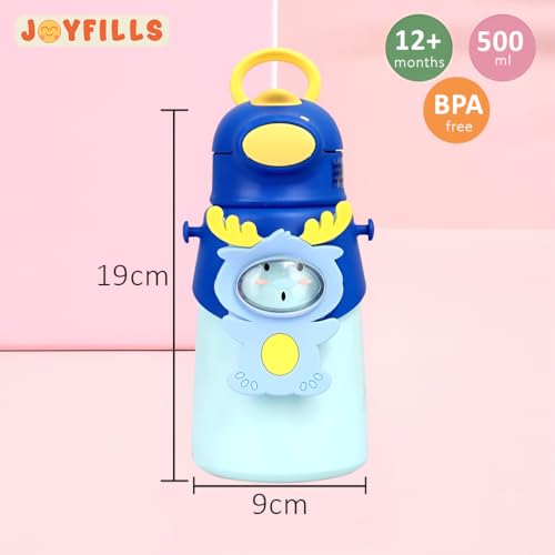 Image of JOYFIILS 2 in 1 Kids Sipper Cum Water Bottle with Cup - Stainless Steel Sipper Water Bottle for School, Play & Travel - Leak-Proof, BPA-Free- Sipper for Girls, Boys, Toddlers - 500 ML - Blue Deer