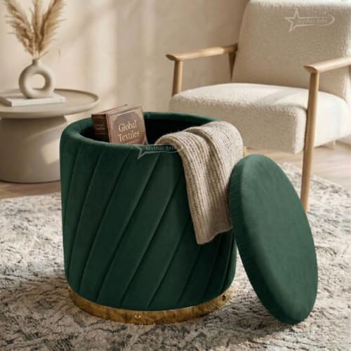 Image of Mythic ArtsRound Upholstered Sitting Stool & Footrest Velvet Storage Ottoman Pouffe13 X 13X 16 inch | Versatile Puffy for Living Room, Bedroom, and Office ? Chic Home Furnishings & Dcor Dark Green