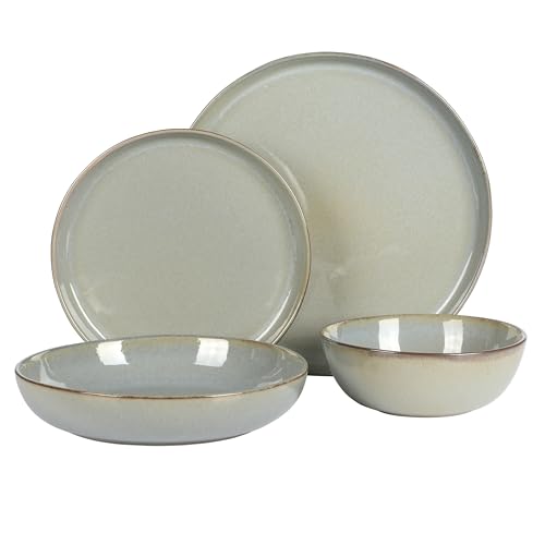 Image of Gibson Elite Berea 16 Piece (Service for 4) Plates and Bowls Reactive Glaze Round Dishes Stoneware Ceramic Dinnerware Set -Green