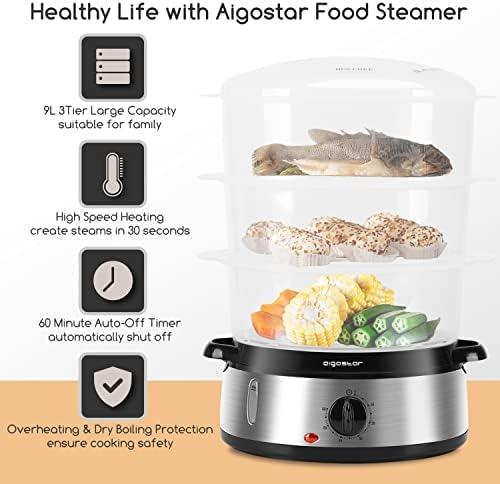 Aigostar 3 Tier Food Steamer, Electric Vegetable Steamer with BPA Free Baskets and Rice Bowl, 9 Litre, Refill While Steaming, Stainless Steel Base, 800W, Energy Saving, Silver
