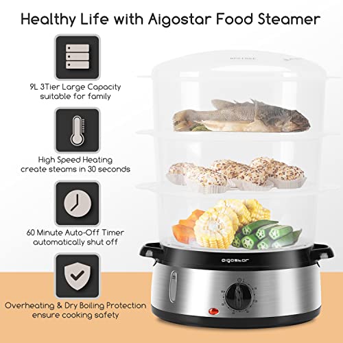 Aigostar 3 Tier Food Steamer, Electric Vegetable Steamer with BPA Free Baskets and Rice Bowl, 9 Litre, Refill While Steaming, Stainless Steel Base, 800W, Energy Saving, Silver