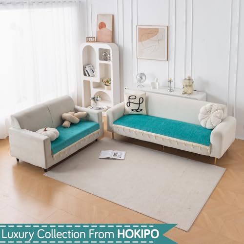 Image of HOKIPO 'Serenity Tassel' Chenille Sofa Cover 3 Seater and 2 Seater with Tassels | Ocean Teal (IN-891 + IN-892 - SBL)