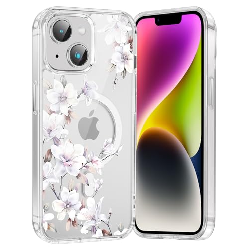 Saqmkil Magnetic Cover for iPhone 14/iPhone 13 6.1 Inches, Compatible with MagSafe, Transparent Case Aesthetic Designs Flowers Women Girl Case, Soft Silicone TPU Bumper Shockproof Anti-Scratch Cover,
