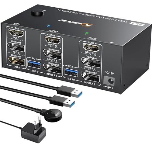 YOUTINGHDAV USB 3.0 KVM Switch 2 PC 3 Monitore 8K@60Hz 4K@144Hz, Triple Monitor KVM Switch 2 Displayport + 1 HDMI f&uuml;r 2 PC Teilen 4 USB Devices Maus, Tastatur, Wired Remote(8K HDMI DP 2 in 3 out KVM)