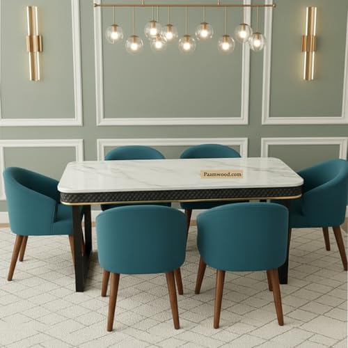 Image of 6-Seater Modern Nano Composite Marble Top Dining Table Set | MS Foldable Base, Sheesham Wood Legs | Suede Upholstered Chairs | Luxury Dining Furniture for Home (Blue) - 36 inchX72 inchX30 inch in
