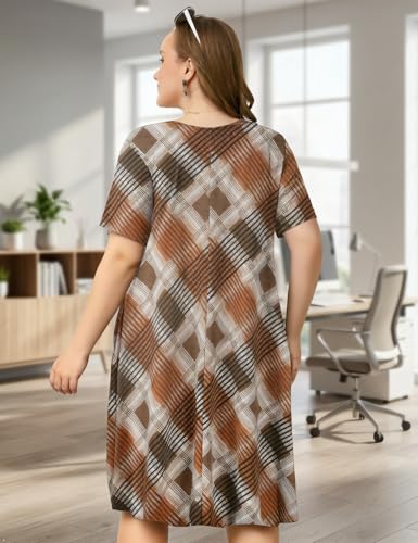 Image of OVERWORETY Womens Short Sleeve Plus Size T-Shirt Dress V Neck Casual Loose Swing A-Line Summer Tunic Dresses with Pockets