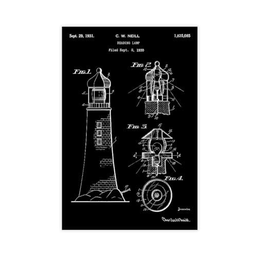 LianTianHong Black And White Lighthouse-shaped-reading-lamp Patent Print, Industrial Style Vintage Patent Art, Retro Technical Blueprint Wall Art for Home/Office, Unframe 16x24inch
