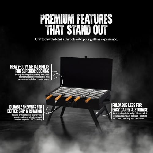 TrustBasket Blaze Barbeque Grill Set for Home 18 inch, Metal | Heat Resistant Coating, Anti Rust With 5 Skewers & Removable Charcoal Tray for Easy Cleaning | Portable BBQ Grill Set for Home & Outdoor