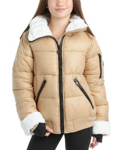 DKNY Girls' Winter Coat - Insulated Quilted Puffer Bomber Coat - Outerwear Jacket for Girls, Sherpa Collar/Cuffs (8-16)