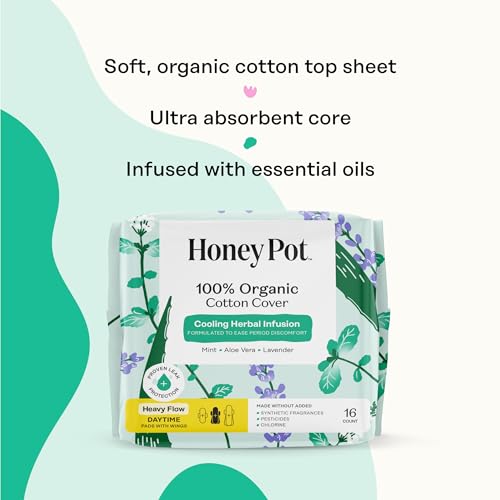 Image of The Honey Pot Company - Herbal Sanitary Pads for Women - Heavy Flow w /Wings - Infused w /Essential Oils for Cooling Effect & Organic Cotton Cover - Feminine Care - 16 ct