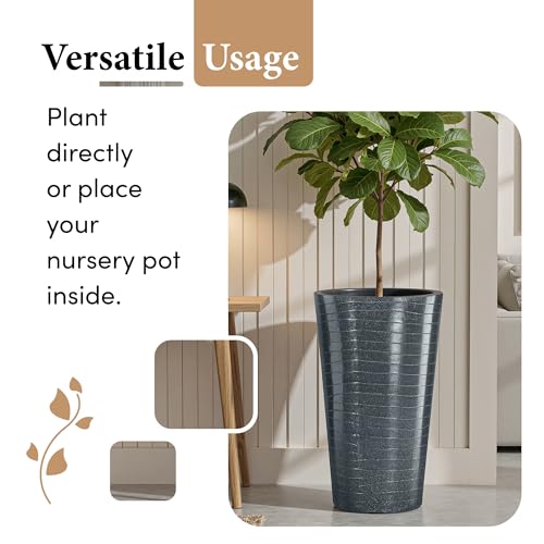 Image of Kuber Industries Rotomould Big Size Planter 23 Inch | Outdoor Indoor Flower Pot with Drain Hole for Balcony, Terrace, Garden, Office | Rib Tower - Grey