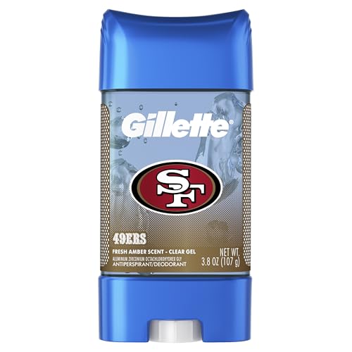 Image of Gillette San Francisco 49ers Antiperspirant and Deodorant, 72hr Instant Sweat & Odor Protection, Long Lasting Freshness & Protection, Anti-White Mark Technology, Clear Gel, Fresh Amber Scent, 3.8 oz
