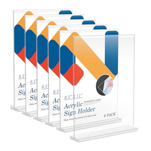 Relx 6 Pack Acrylic Sign Holder 8.5 x 11 Vertical T Shape Plastic Sign Holder with Base Double-Sided Clear Tabletop Plexiglass Flyer Stands for Restaurant Office Store Home Picture Frame Display