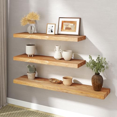 Image of RICHFOCUS Elm Floating Shelves for Wall - 48 inch W x 9.3 inch D Rustic Solid Wood Shelves with Invisible Bracket, Wall-Mounted for Living Room, Bedroom, Kitchen Storage & Display, Set of 1, Natural