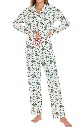 Image of LUBOT Christmas Pajamas for Women 100% Cotton Pajama 2 Piece PJ Set Soft Long Sleeve Button Xmas Print Loungewear XS-XXL
