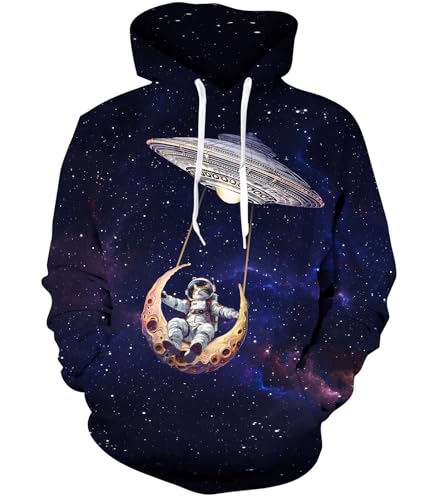 RAISEVERN Mens Womens Hoodies Spaceship Moon Fleece Graphics Sweatshirts Fashion Star Galaxy Pullover Cool Funny Novelty Hoody with Pocket