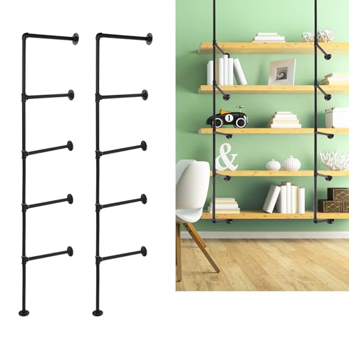 2pz Mensola in Tubo di Ferro da Parete, 5 Ripiani 168x30cm Mensole Industriali da Parete Mensole Appese al Soffitto Mensola Tubo Industriale Senza Assi Libreria Aperta Fai Da Te