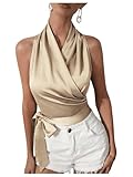 MakeMeChic Women's Satin Blouse Wrap V Neck Sleeveless Tie Side Summer Elegant Crop Tops Champagne Medium