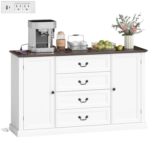 HOMCOM Credenza Cucina, Mobile Cucina con 4 Cassetti Soft Close, Piano d'appoggio Spesso, Credenza Buffet con Ripiani Regolabili, Stile Rustico, per Soggiorno, Sala da Pranzo, 147x40x87 cm, Bianco